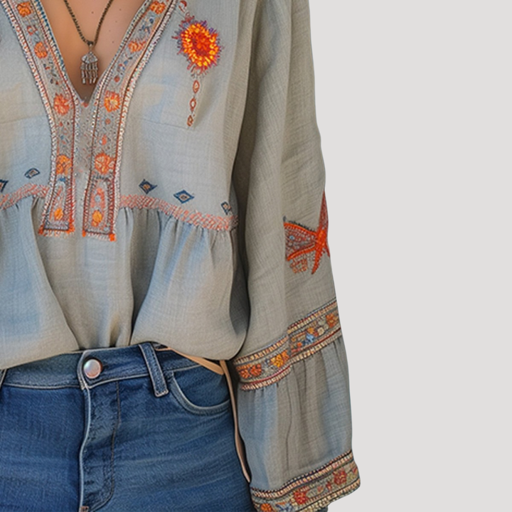 Embroidered Boho V-Neck Flared Sleeve Blouse