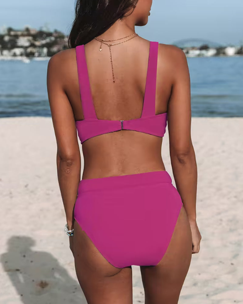 Wrap V-Neck High Waist Plain Bikini Set