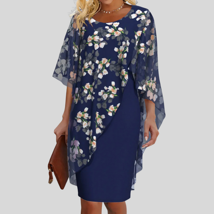 Floral Chiffon Cape Overlay Bodycon Midi Dress - Formal Wedding Guest