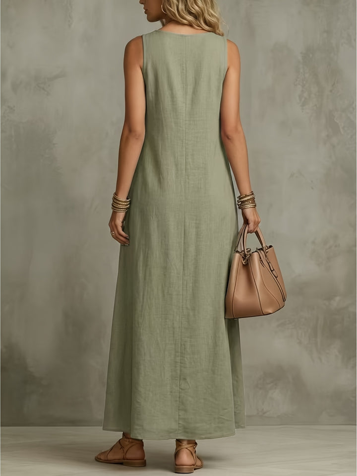 Linen Flowy V Neck Draped Casual Maxi Dress for Vacation