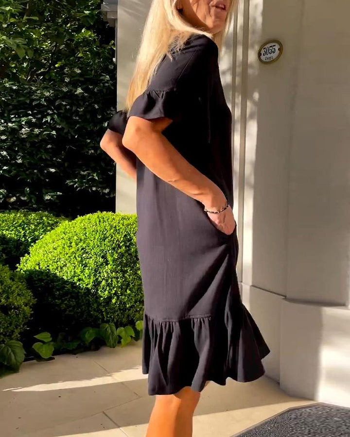 Dress V-Neck Short Flared Sleeve A-Line