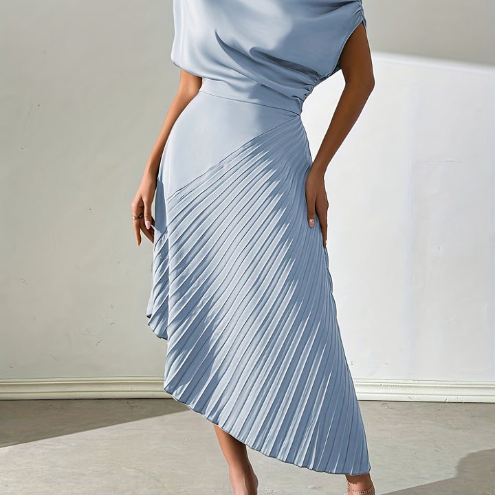 Draped One Shoulder Pleated Skirt Midi Dress - Wedding Guest