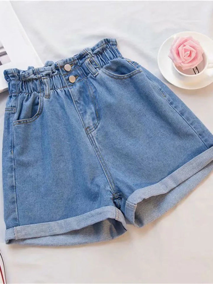 Paperbag Waist Cuffed High Waist Denim Shorts