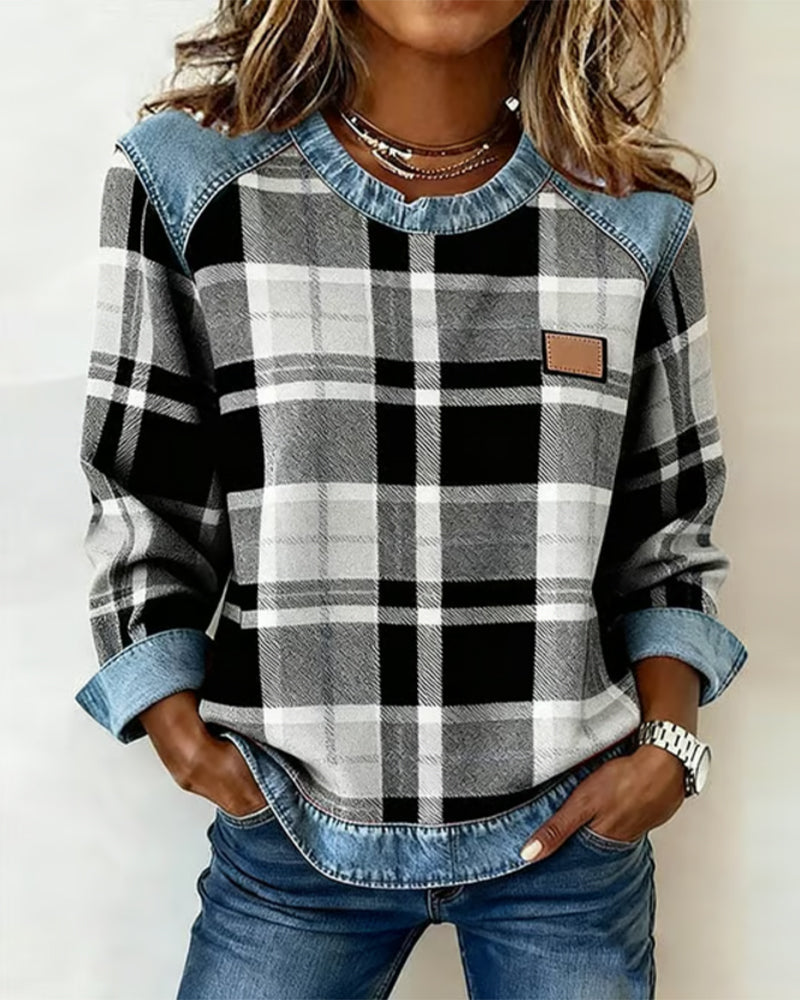 Darcey- Denim Patchwork Pullover Sweatshirt