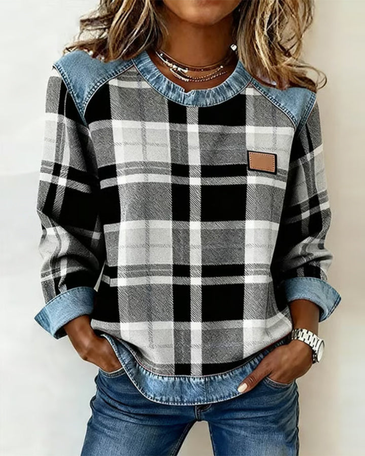 Darcey- Denim Patchwork Pullover Sweatshirt