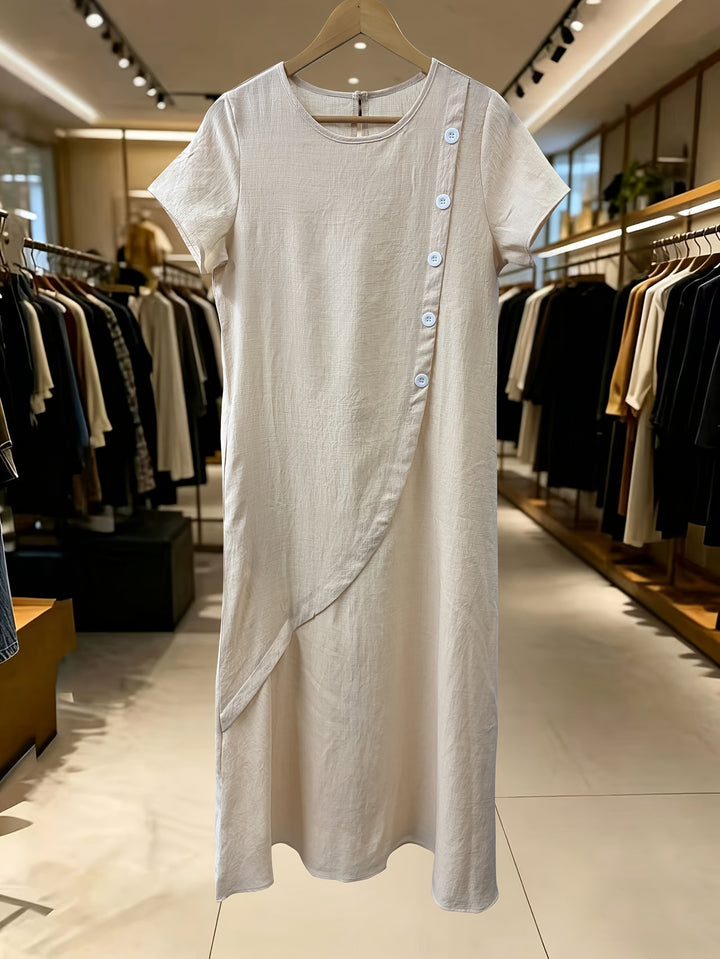 Linen Button Detail Short Sleeve Casual Midi Dress
