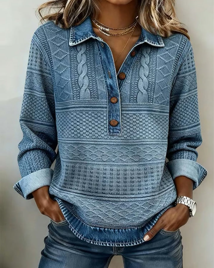 Cordelia | Women's Denim-Print Cable Knit Collared Henley Top