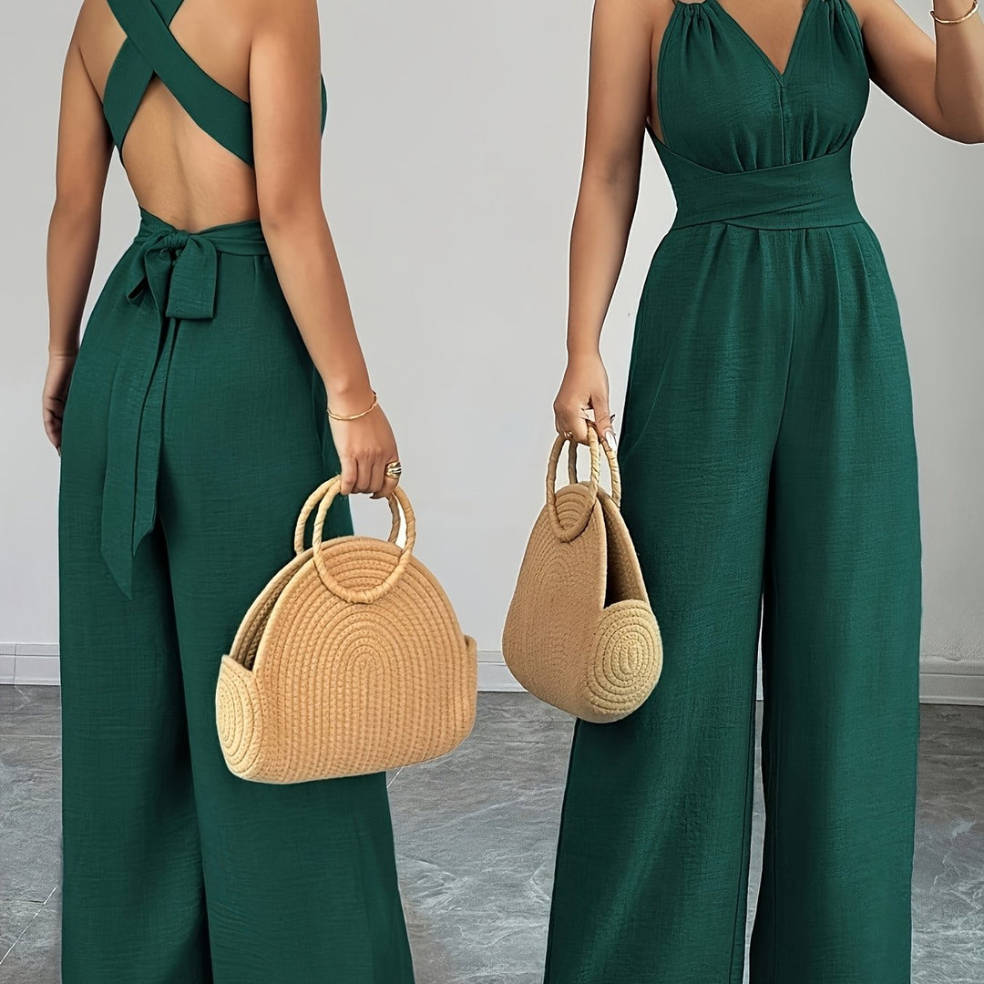 Linen Halter V Neck Ruched Wide Leg Elegant Jumpsuit