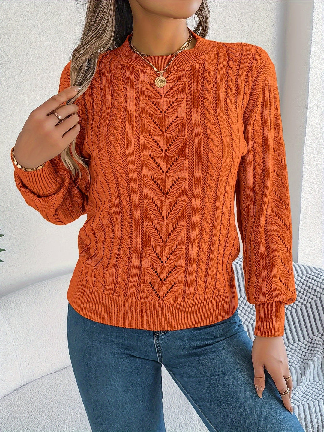 Rosamund | Women's Textured Crew Neck Pointelle Cable Knit Sweater