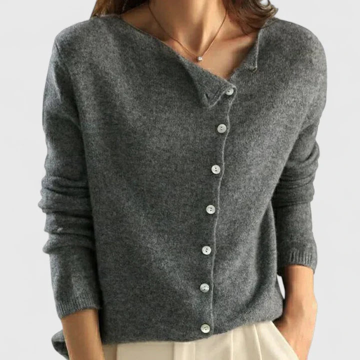 Calizhyah | Women's Asymmetrical Button-Up Knit Cardigan, Fitted V-Neck – Smart Casual