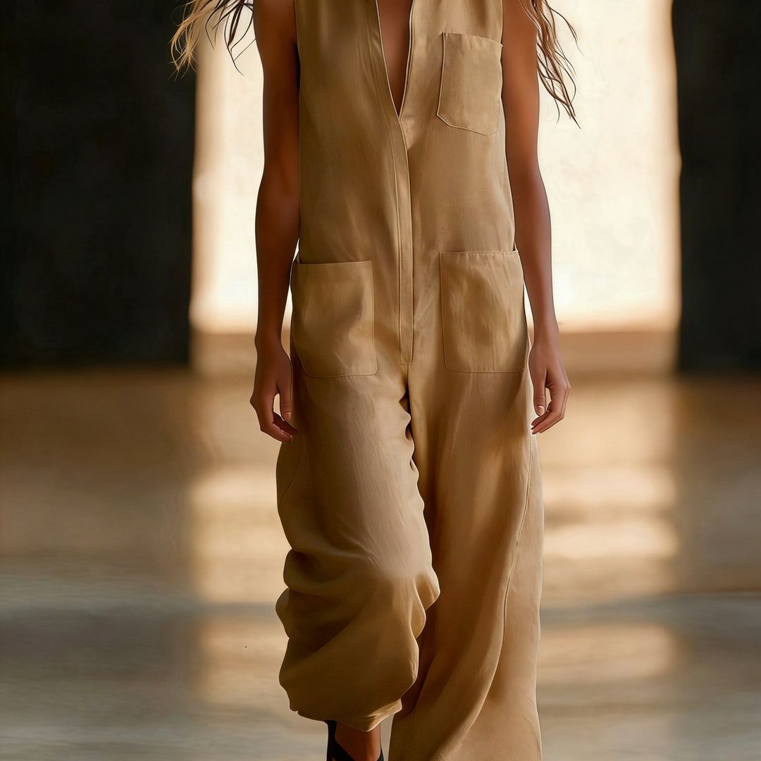 Linen Collared Sleeveless Wide Leg Utility Jumpsuit