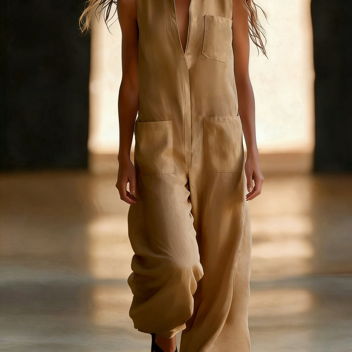 Linen Collared Sleeveless Wide Leg Utility Jumpsuit