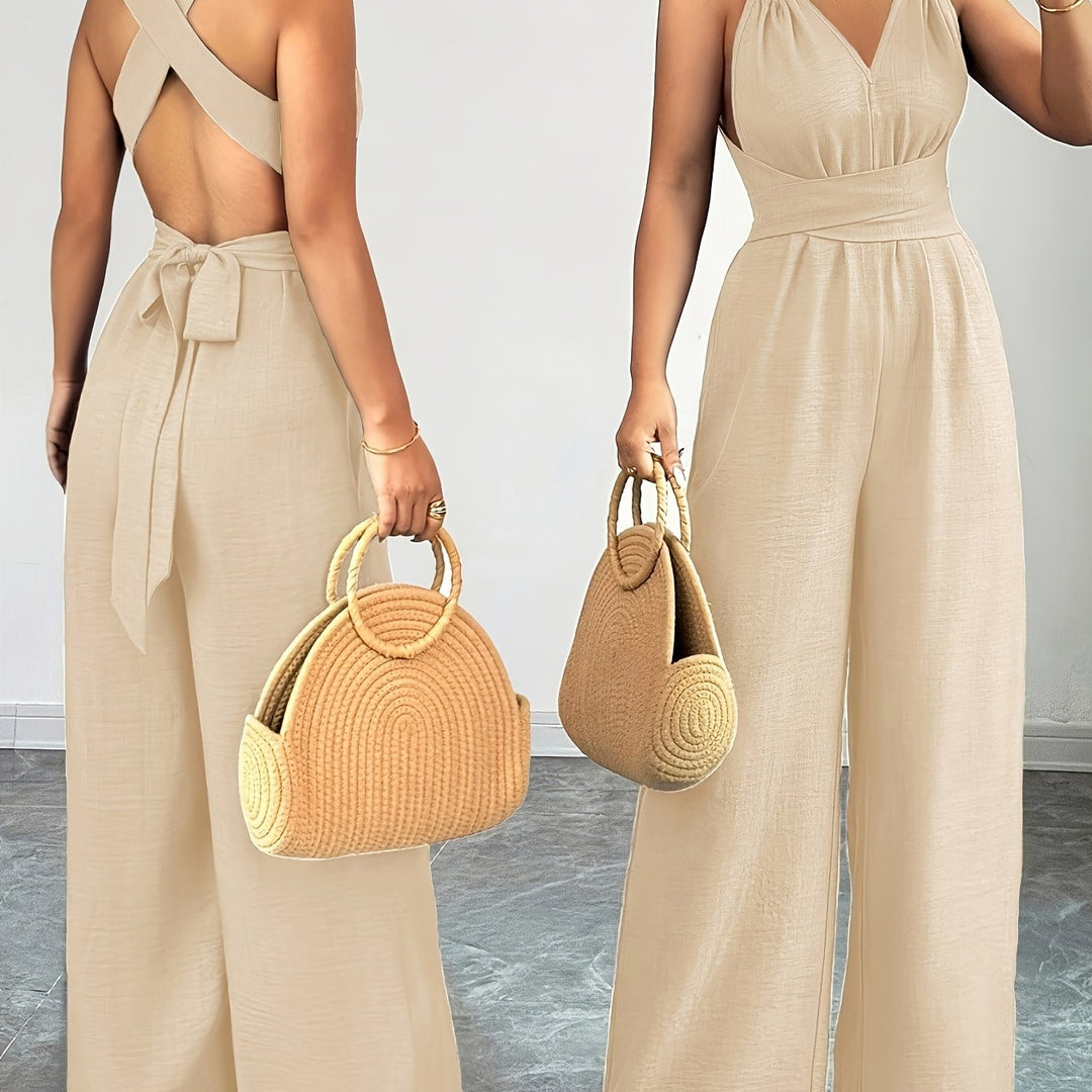 Linen Halter V Neck Ruched Wide Leg Elegant Jumpsuit
