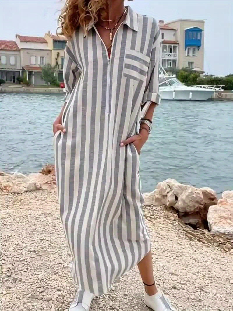 Striped Linen Collar Zip Neck Oversized Casual Maxi Dress