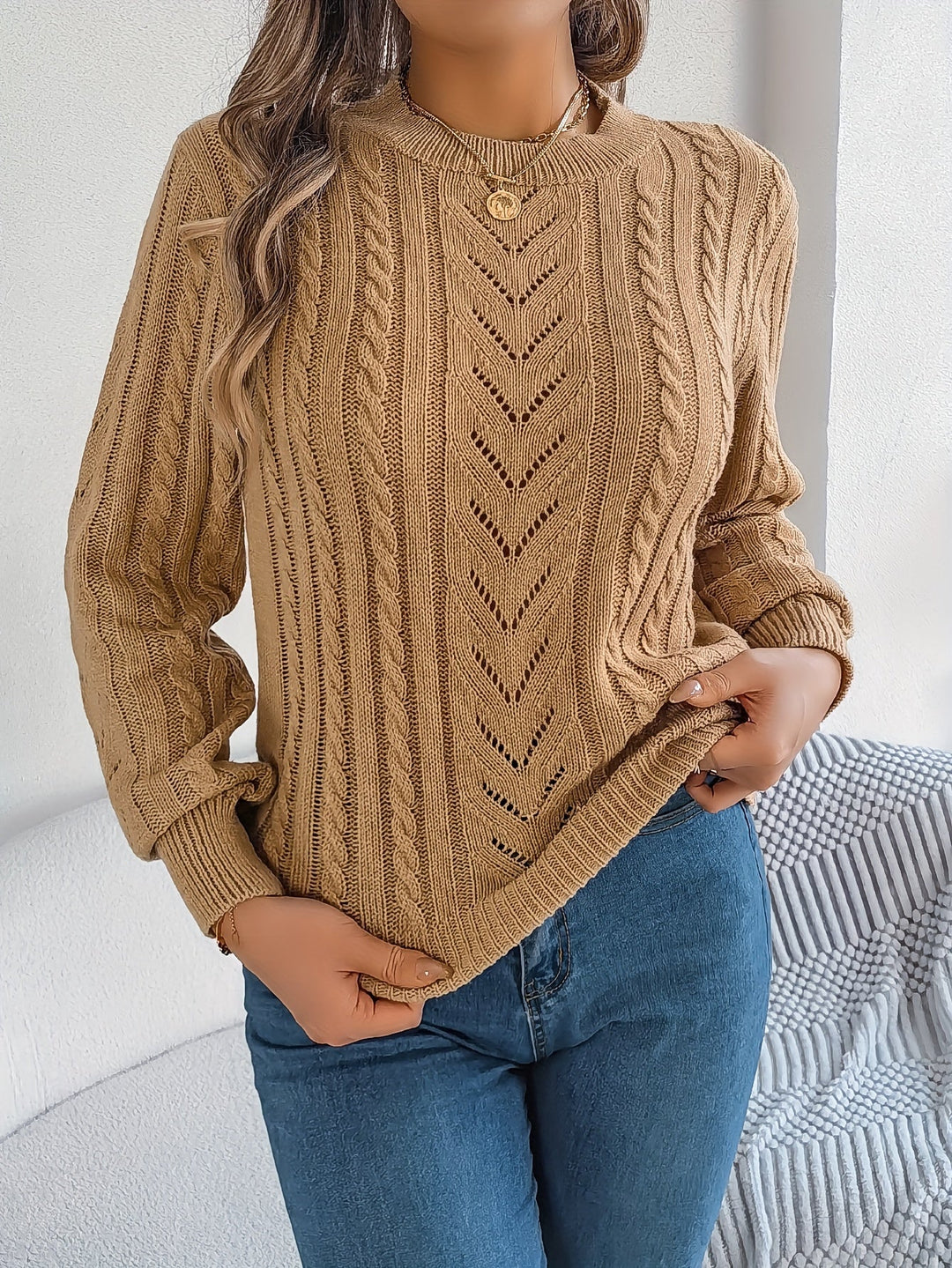 Rosamund | Women's Textured Crew Neck Pointelle Cable Knit Sweater