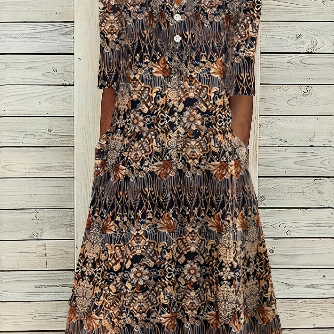 Venitia™-Vintage Floral Print Midi Dress