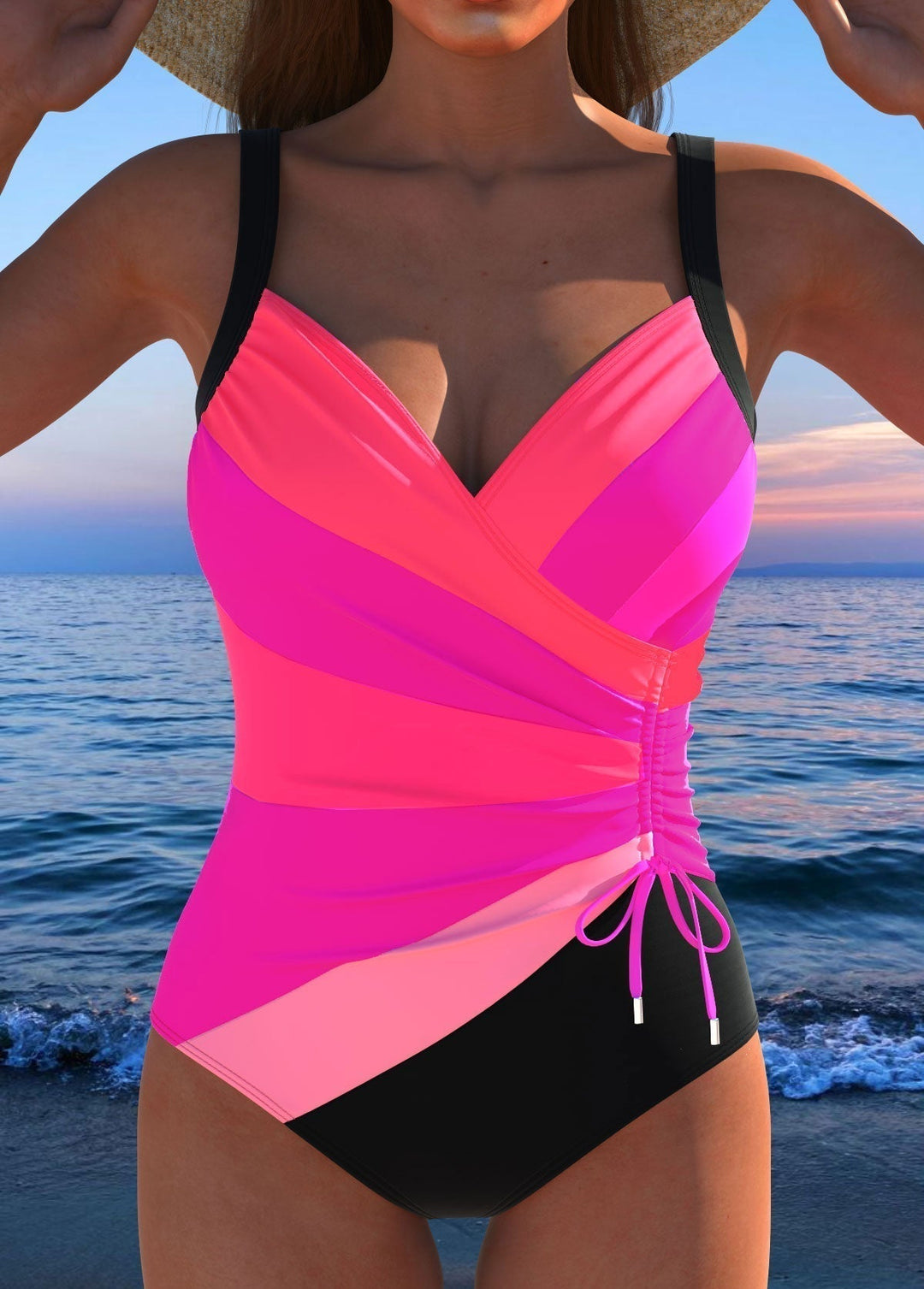 Striped Wrap Front Ruched One Piece Swimsuit
