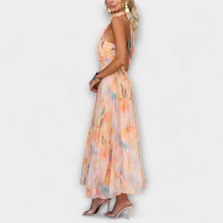 Halter-Neck Aquarell Print Maxi Dress