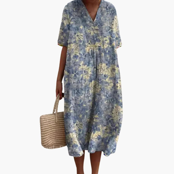 Floral Cotton V Neck Short Sleeve Oversized Casual Midi Dress