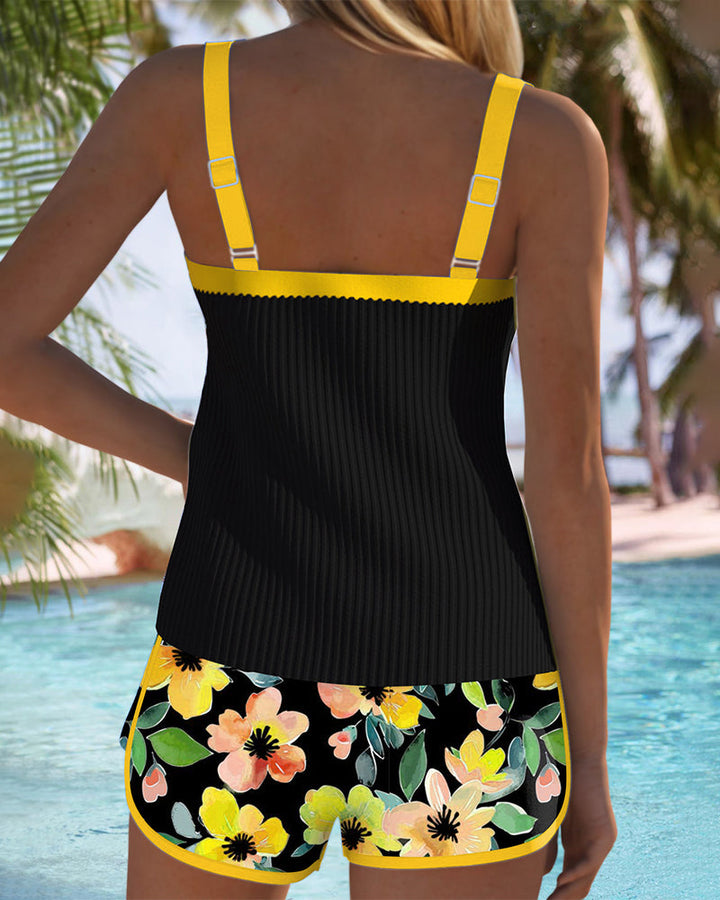 Ribbed Contrast Trim Floral Short Tankini Set