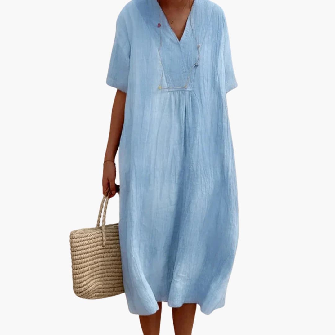 V-Neck Button Placket Relaxed Linen Midi Dress