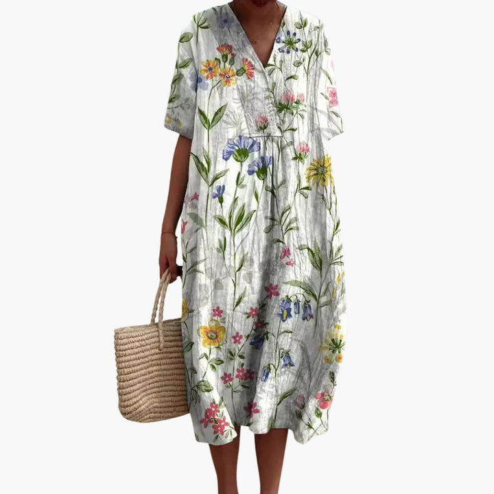Floral Cotton V Neck Short Sleeve Oversized Casual Midi Dress
