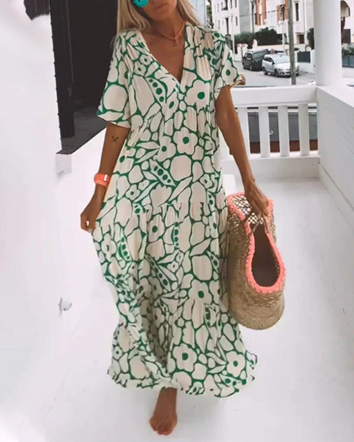 Floral Flutter Sleeve V Neck Tiered Flowy Maxi Dress