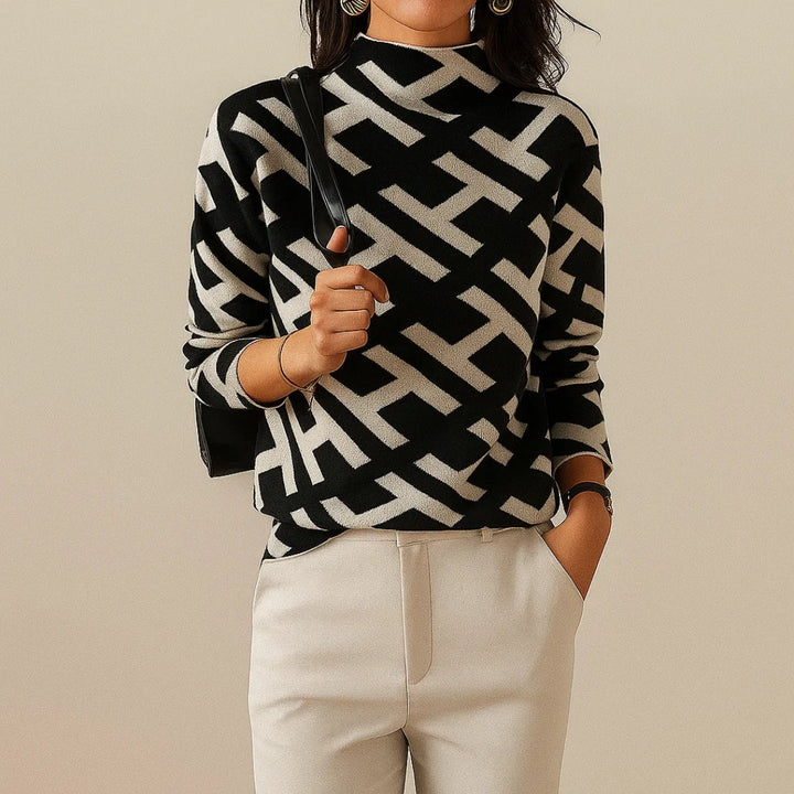 Genevra | Women's Black White Geometric Print Mock Neck Sweater
