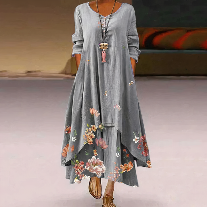 Floral Border Print Long Sleeve Oversized Maxi Dress