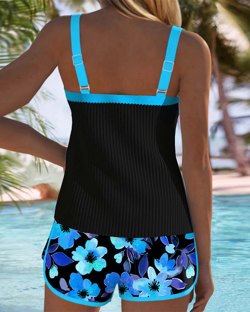 Ribbed Contrast Trim Floral Short Tankini Set