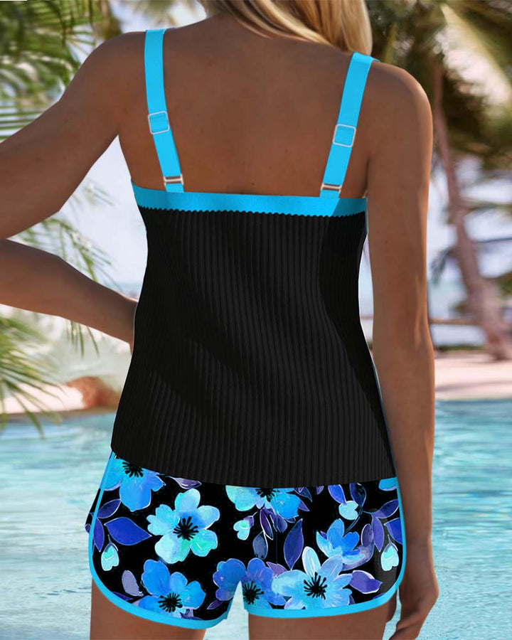 Ribbed Contrast Trim Floral Short Tankini Set