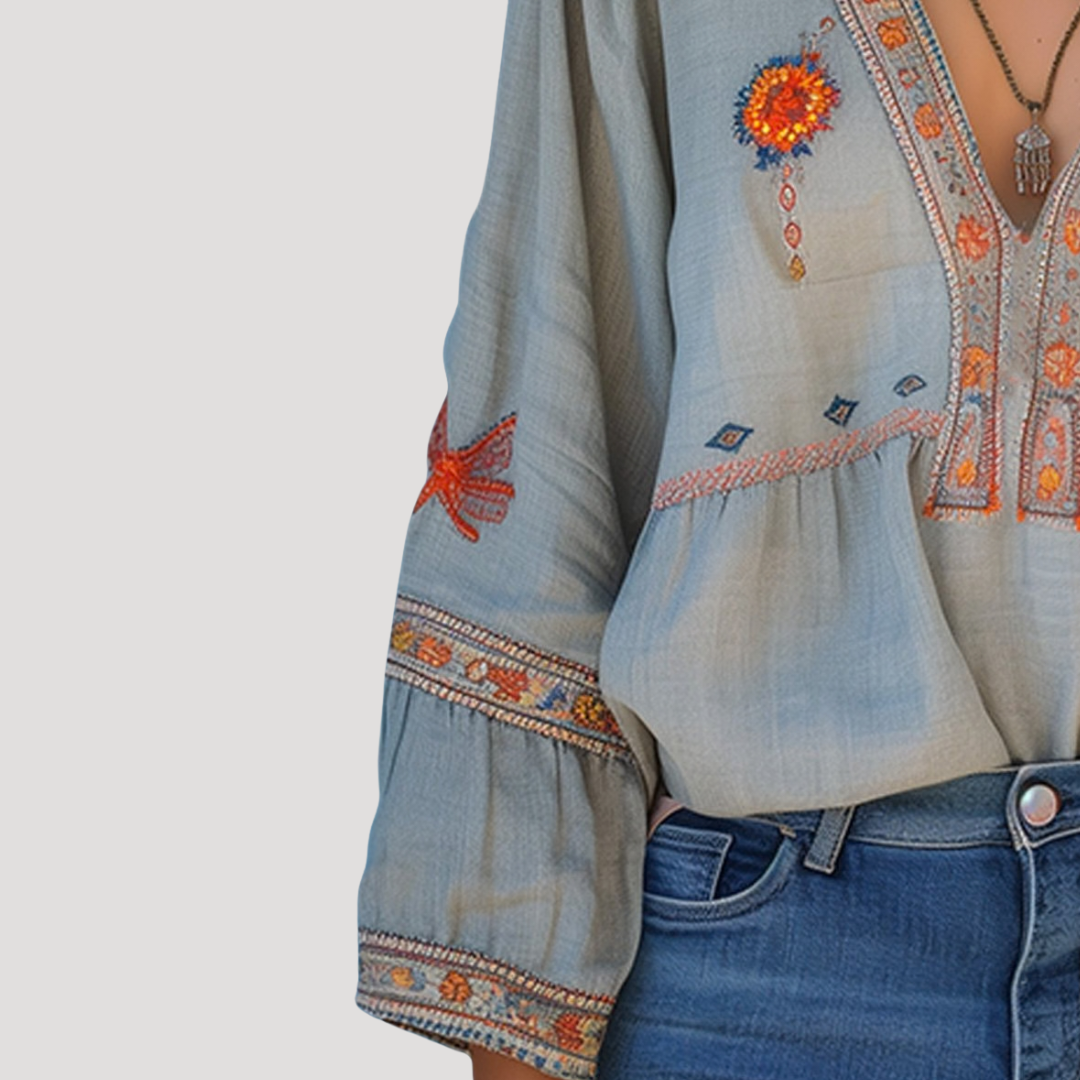 Embroidered Boho V-Neck Flared Sleeve Blouse