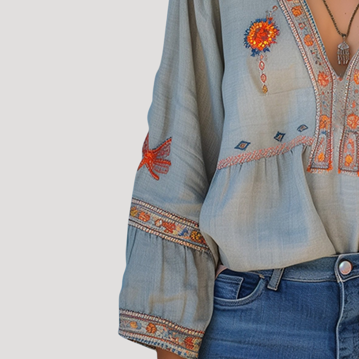 Embroidered Boho V-Neck Flared Sleeve Blouse