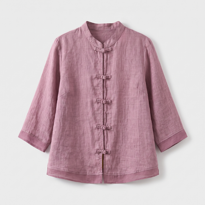 Mandarin Collar Frog Button Linen Blouse for Casual Style