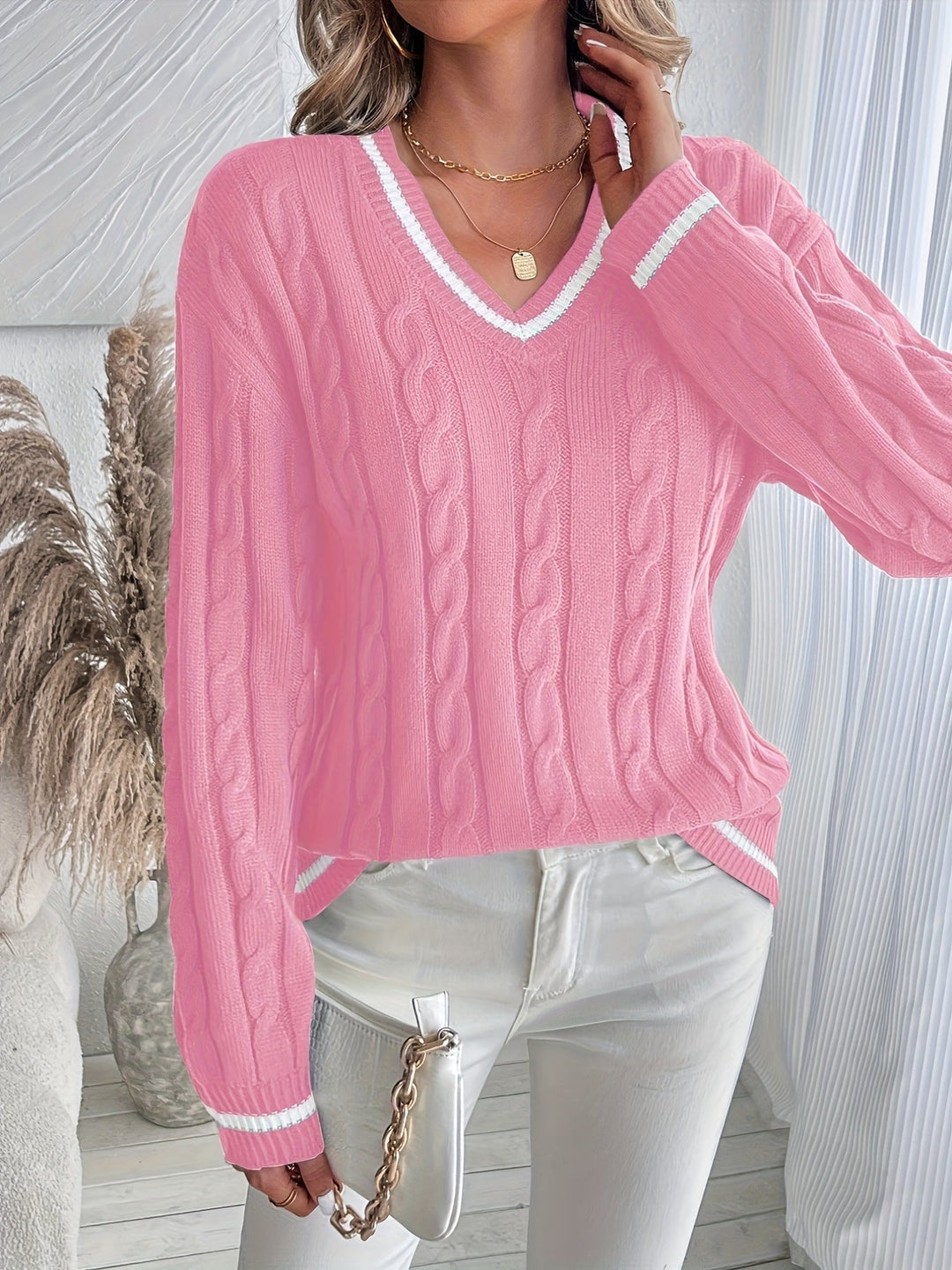 Cordelia | Women's Oversized V-Neck Striped Trim Cable Knit Sweater