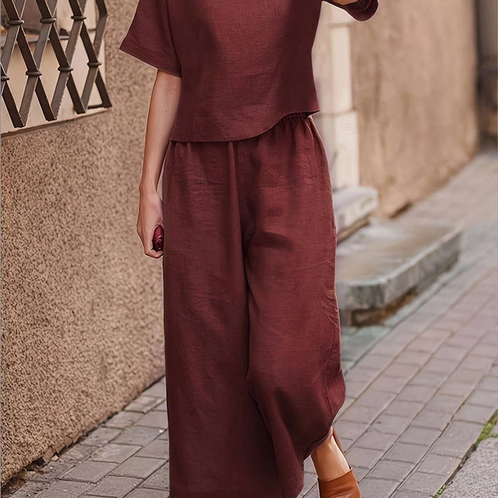 Linen Crew Neck Short Sleeve Top and Wide Leg Pants Set
