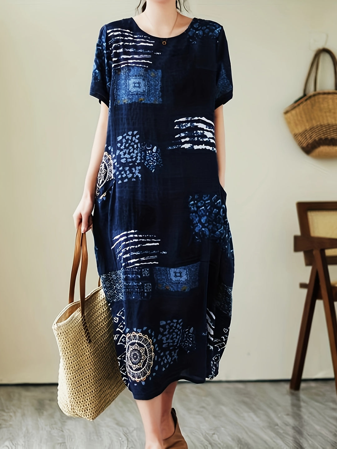 Vintage Botanical Print Crew Neck Short Sleeve Loose Linen Maxi Dress