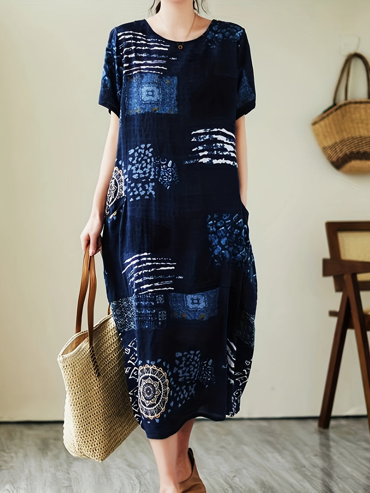 Vintage Botanical Print Crew Neck Short Sleeve Loose Linen Maxi Dress
