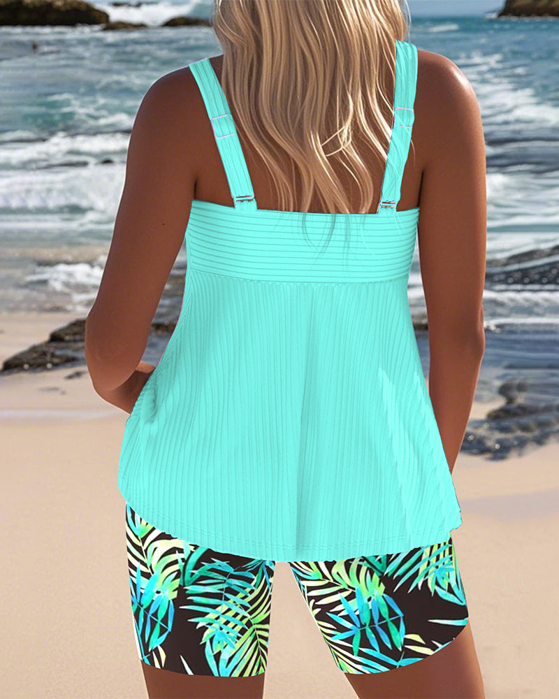 Twist Front Ribbed Tropical Print Tankini Set