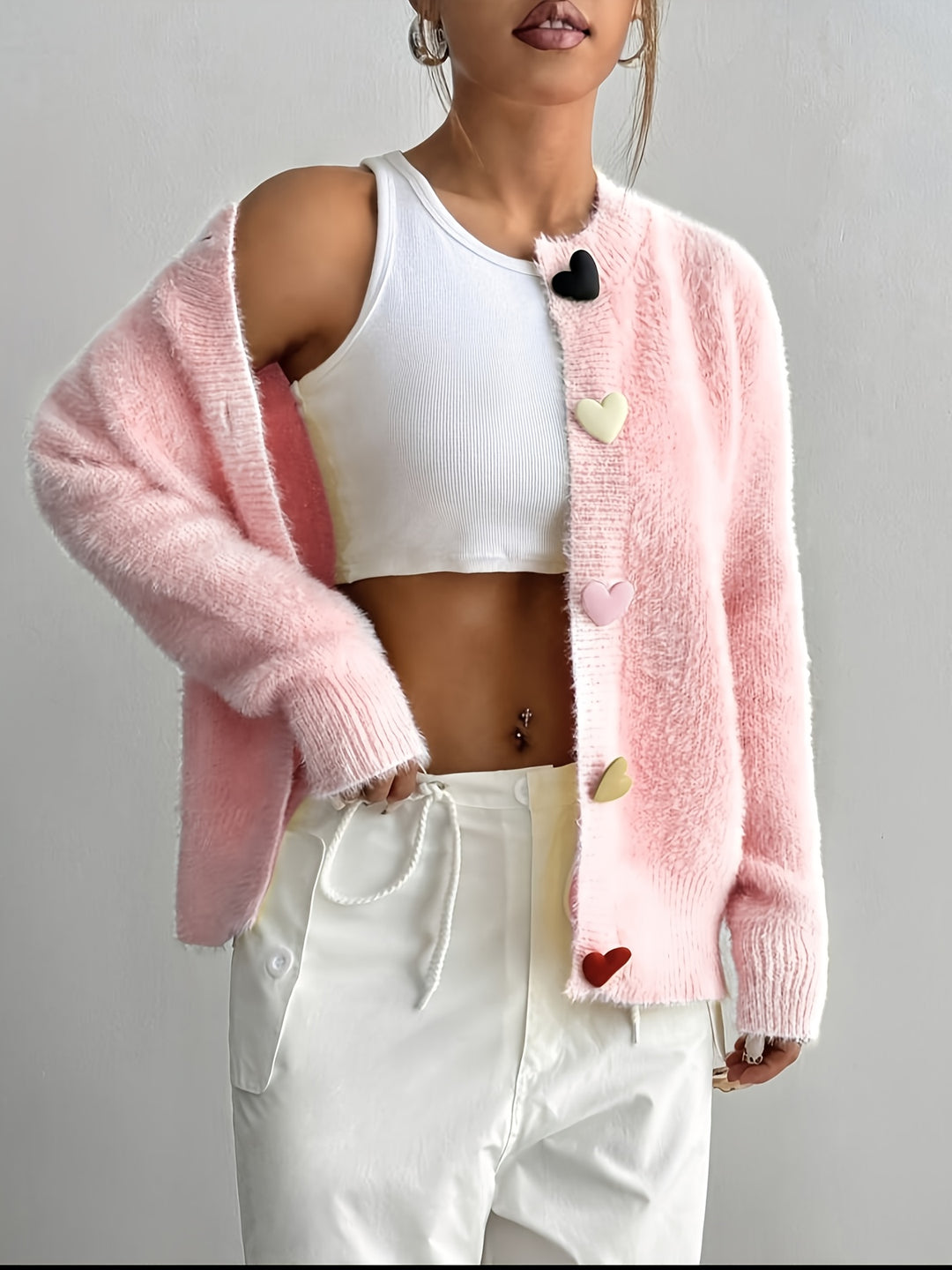Rosalie | Women's Fluffy Cropped Cardigan with Heart Buttons