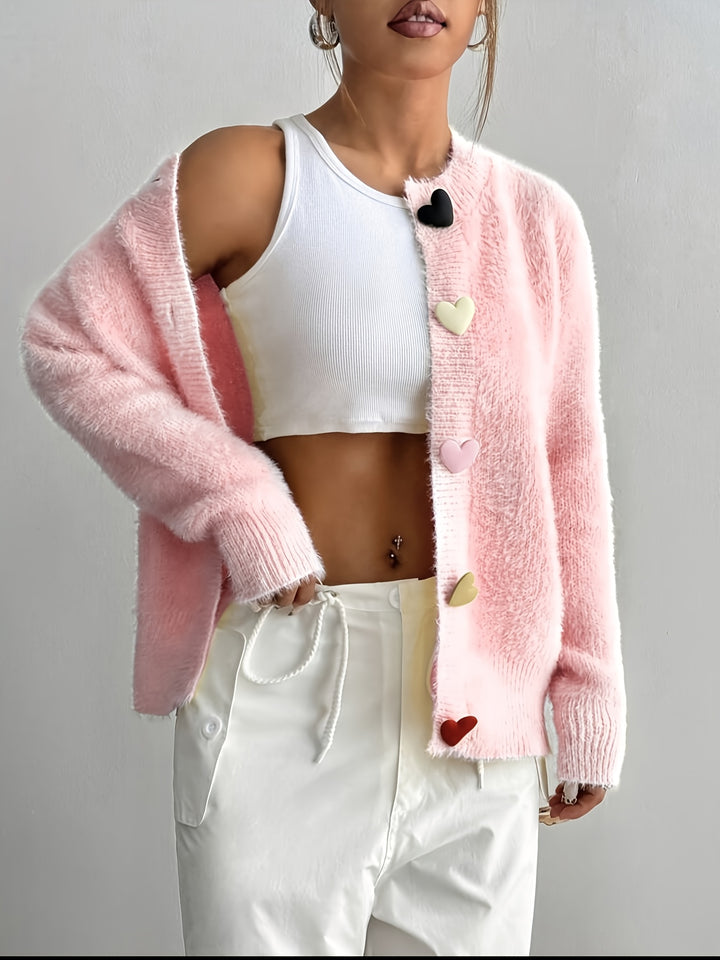 Rosalie | Women's Fluffy Cropped Cardigan with Heart Buttons