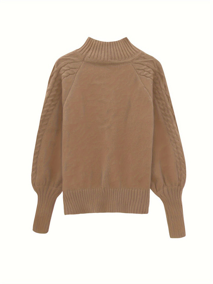 Solveig | Women's Ribbed Puff Sleeve Cable Knit Mock Neck Sweater
