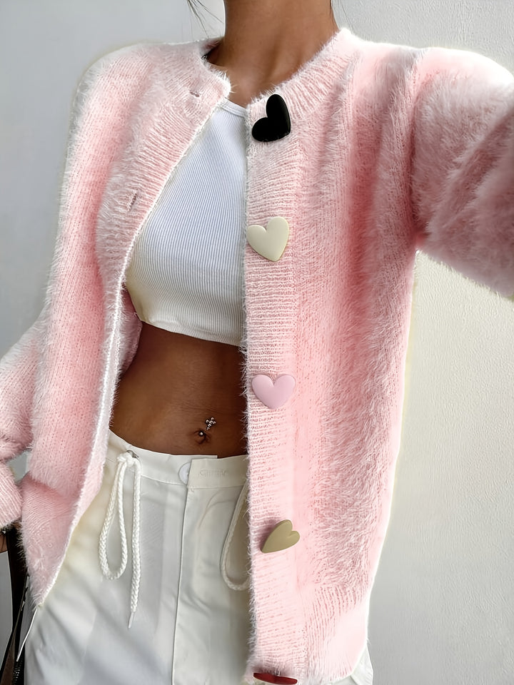 Rosalie | Women's Fluffy Cropped Cardigan with Heart Buttons
