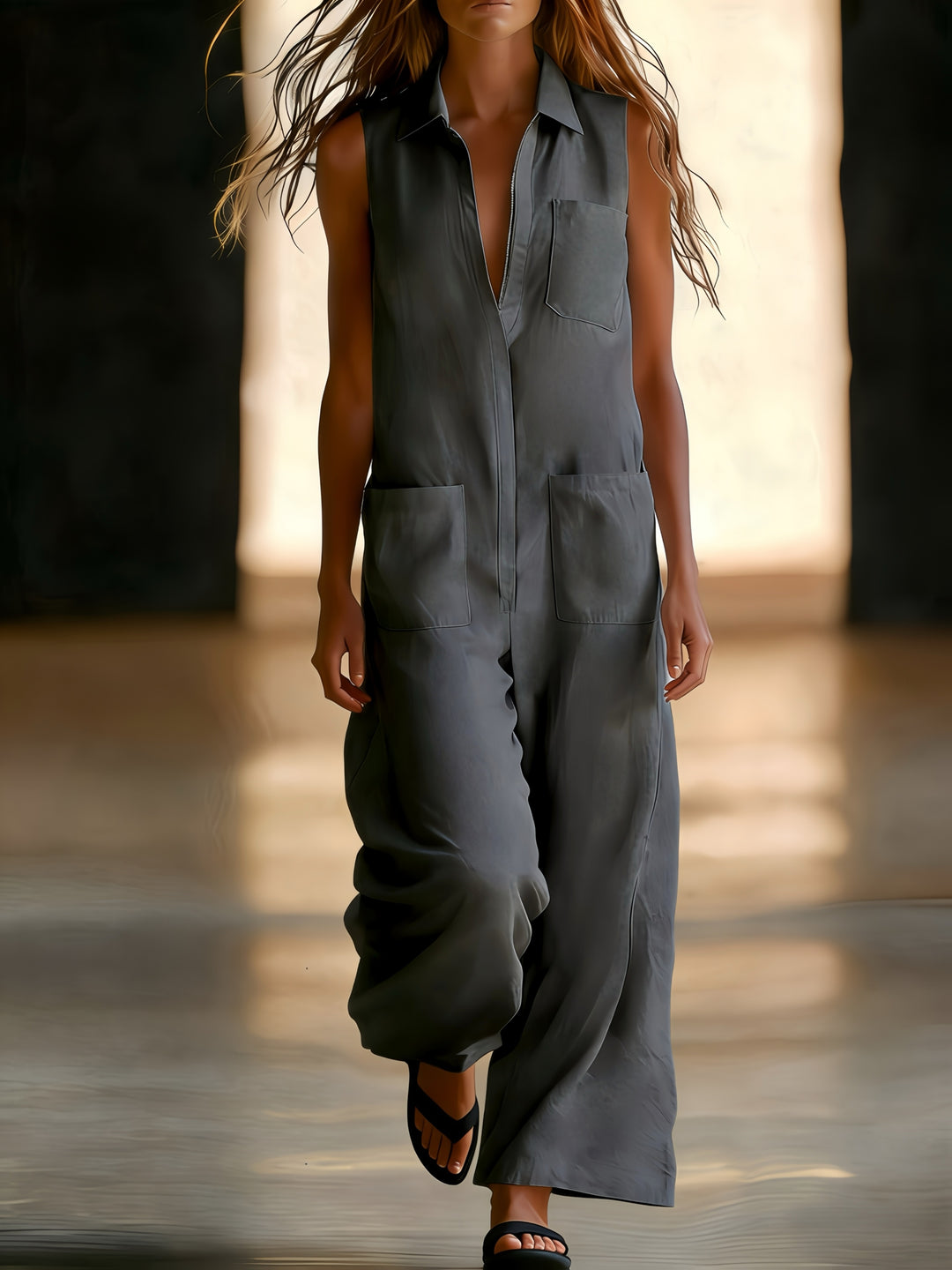 Linen Collared Sleeveless Wide Leg Utility Jumpsuit