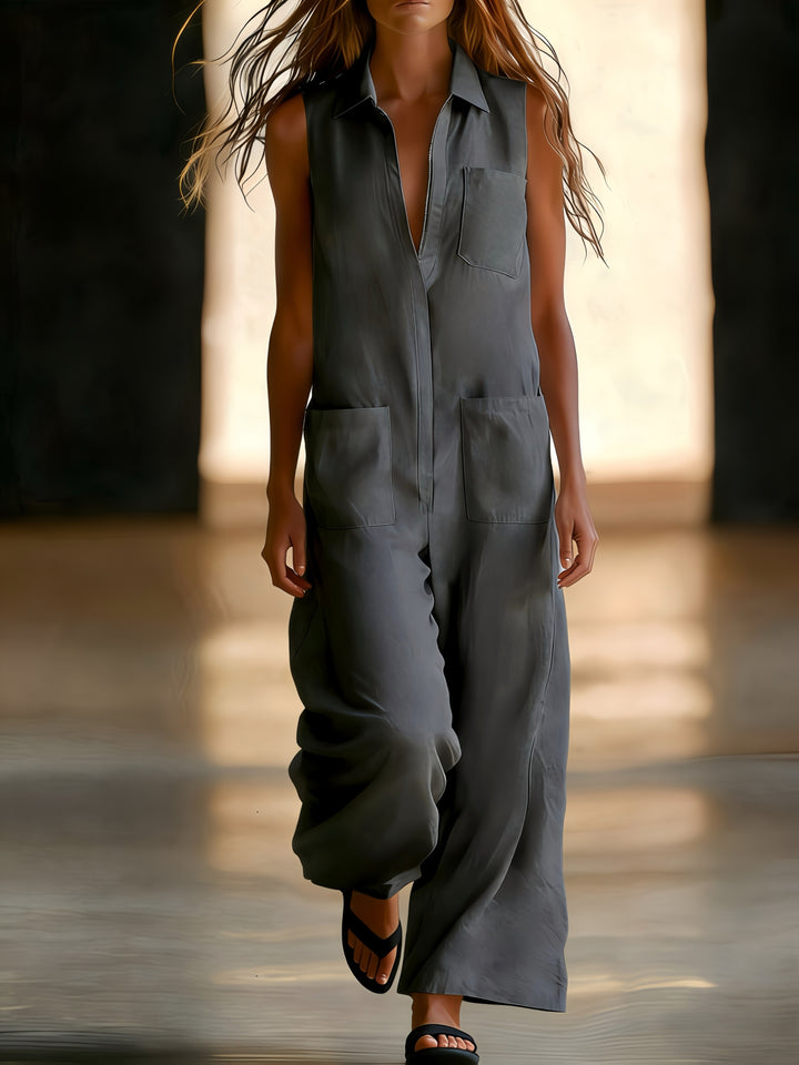 Linen Collared Sleeveless Wide Leg Utility Jumpsuit