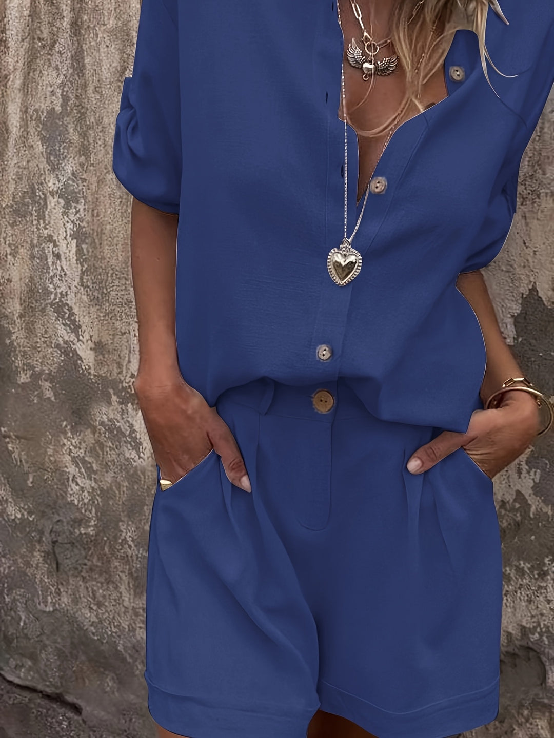 Shimmer Linen Collared Button Down Top and Short Set