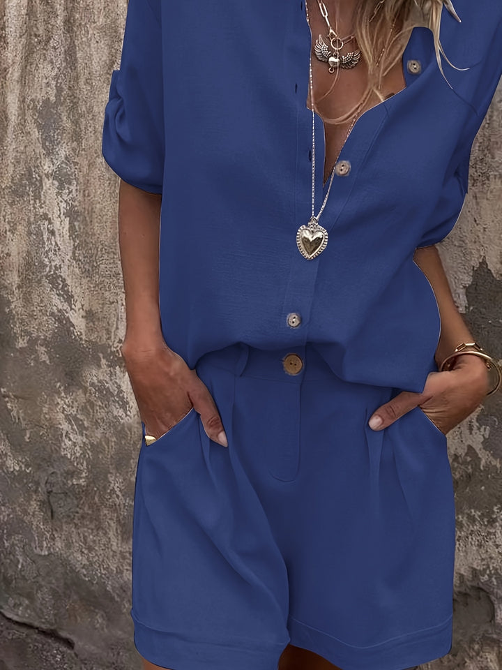 Shimmer Linen Collared Button Down Top and Short Set