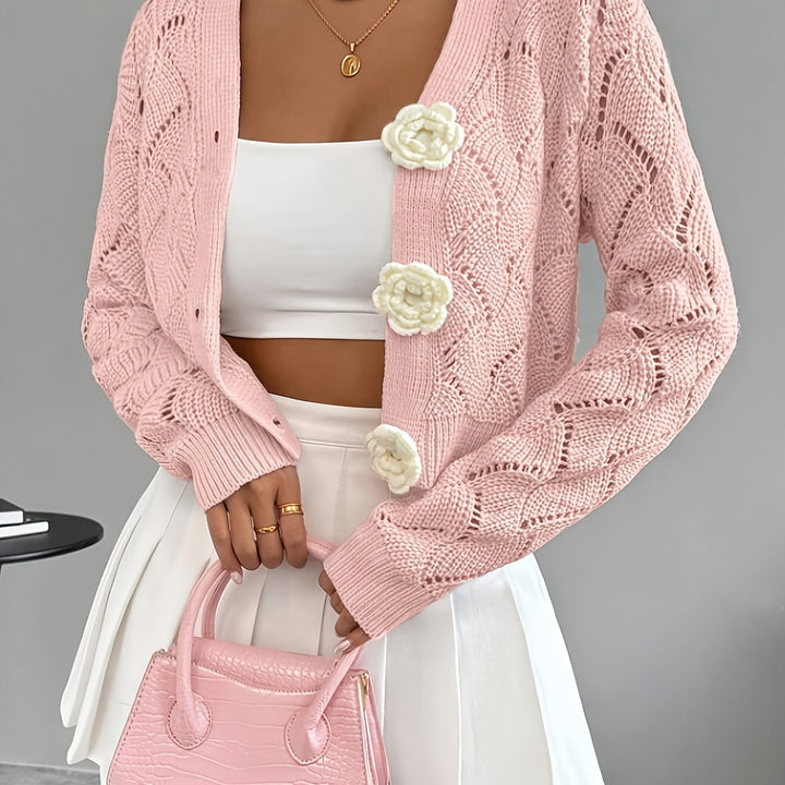 Celeste | Women's Crochet Knit Cardigan with 3D Floral Buttons