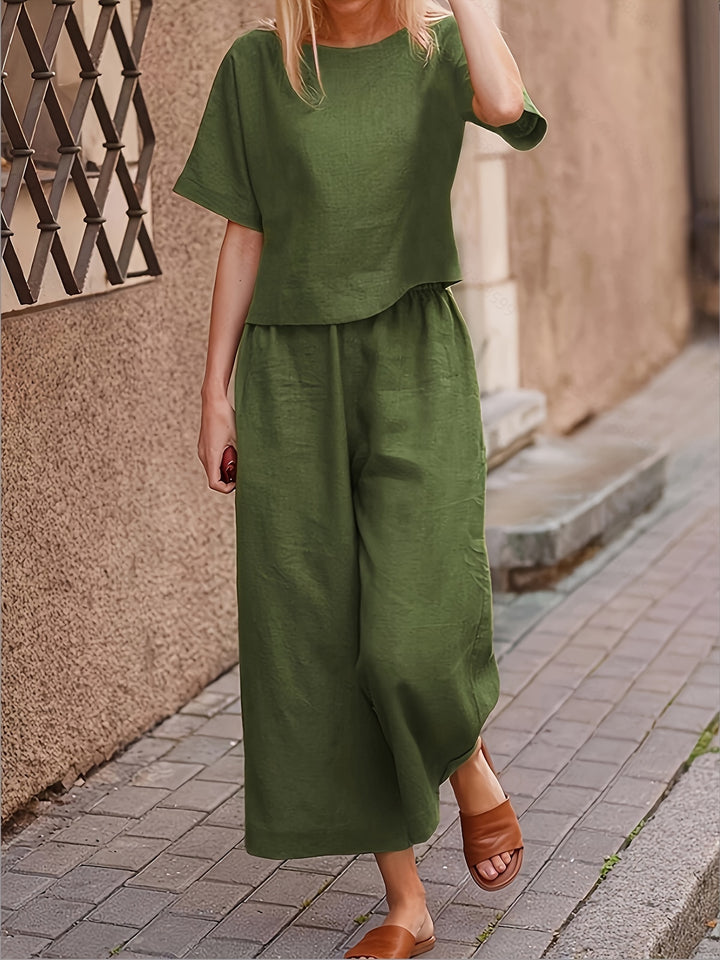 Linen Crew Neck Short Sleeve Top and Wide Leg Pants Set