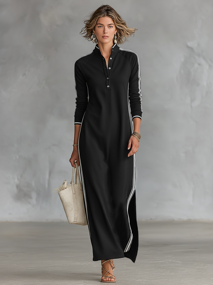 Contrast Trim Stand Collar Long Sleeve Casual Maxi Dress